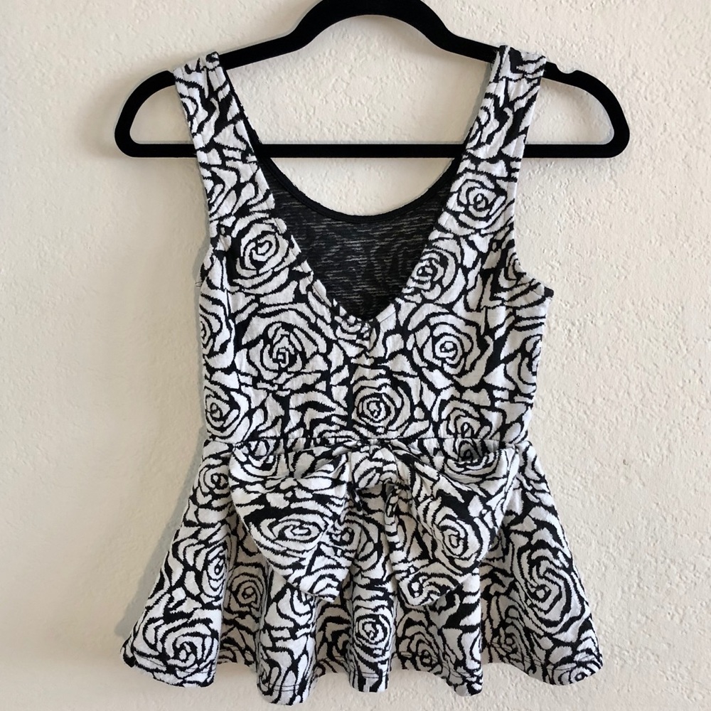 Black and white floral print top with large bow